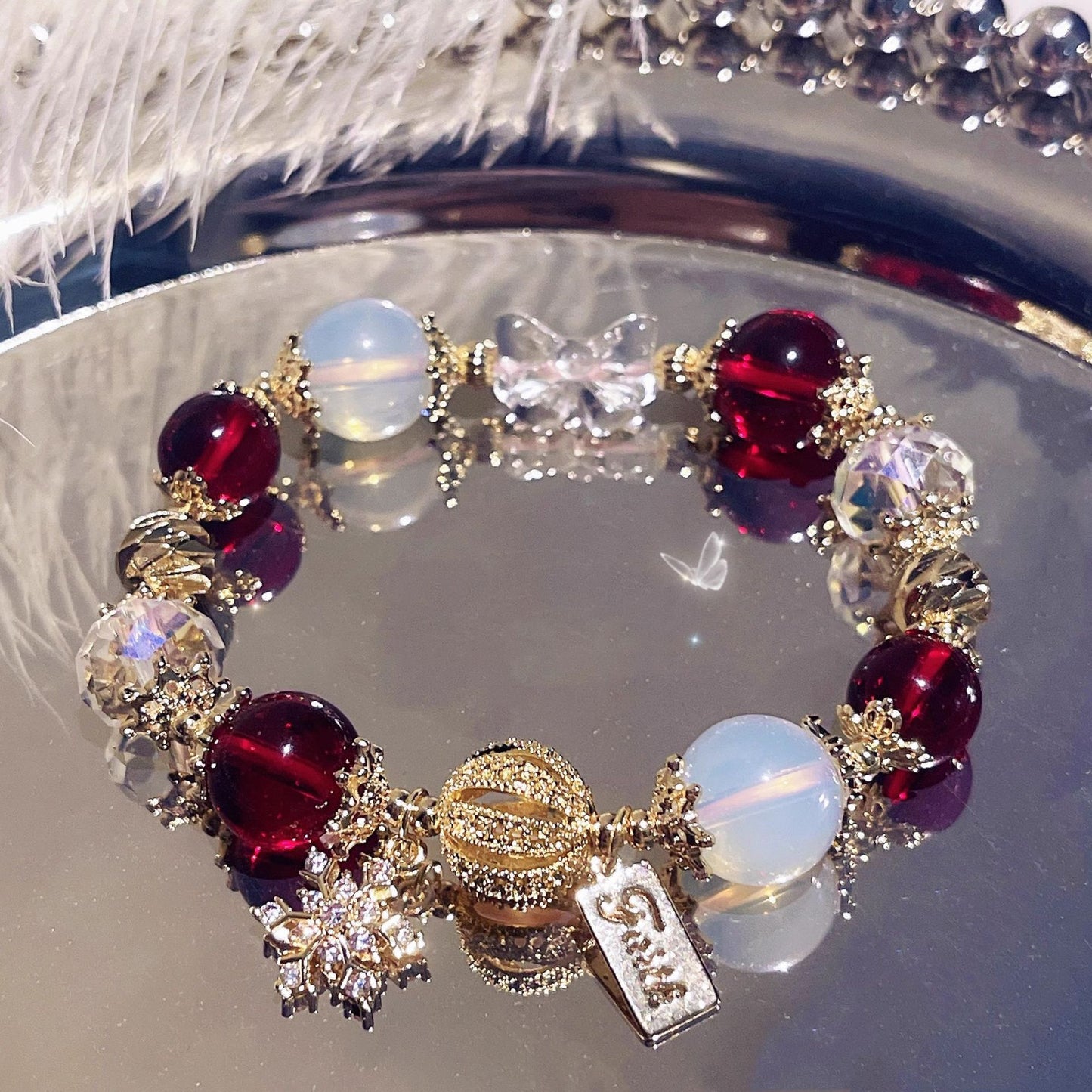 Christmas Snowflake Natural Wine Red Garnet, Red and White Crystal, Opal Bracelet