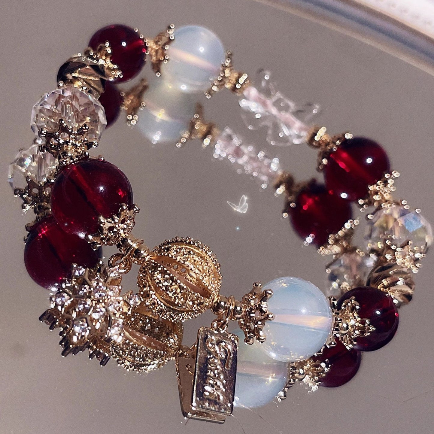 Christmas Snowflake Natural Wine Red Garnet, Red and White Crystal, Opal Bracelet