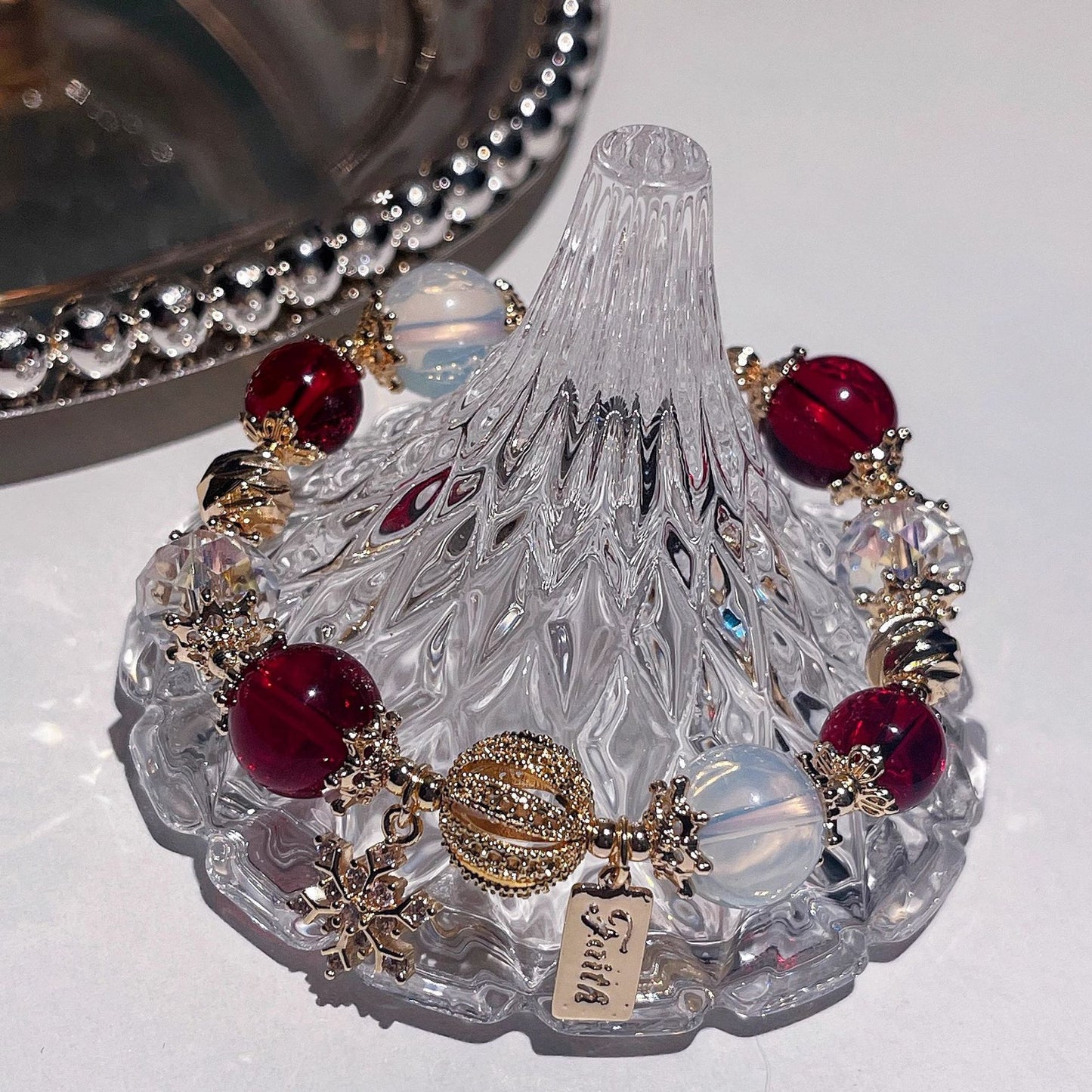 Christmas Snowflake Natural Wine Red Garnet, Red and White Crystal, Opal Bracelet
