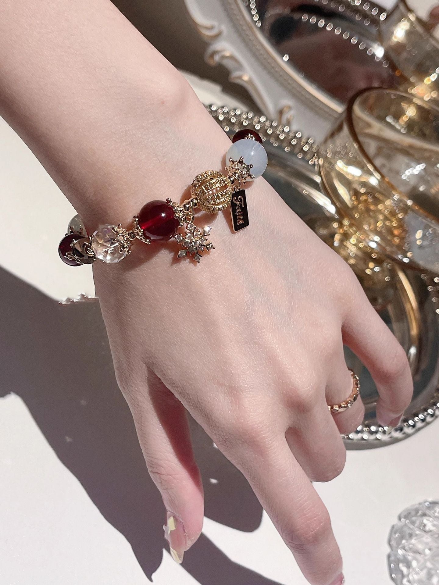 Christmas Snowflake Natural Wine Red Garnet, Red and White Crystal, Opal Bracelet