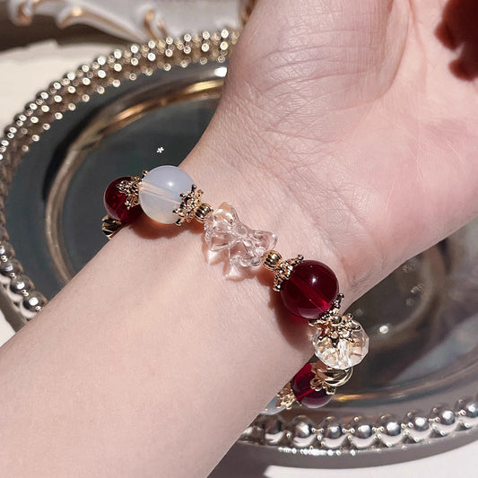 Christmas Snowflake Natural Wine Red Garnet, Red and White Crystal, Opal Bracelet