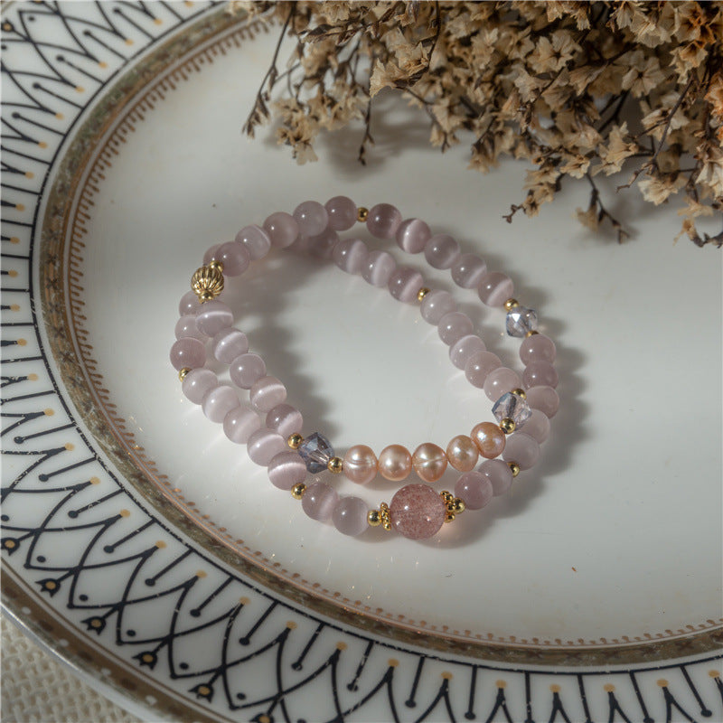 Garnet Pearl Double-loop Crystal Beaded Bracelet