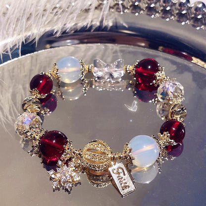 Christmas Snowflake Natural Wine Red Garnet, Red and White Crystal, Opal Bracelet